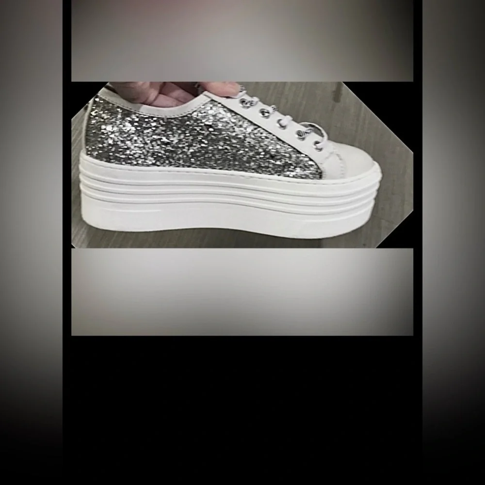 Love Moschino Leather platform sneakers Silver Glitter on White  EU 38 = US 7.5